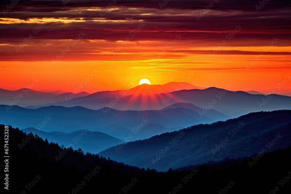 This photo depicts a majestic sunset in the mountains landscape. It captures a dramatic scene and portrays the beauty of the world.

 Generative AI