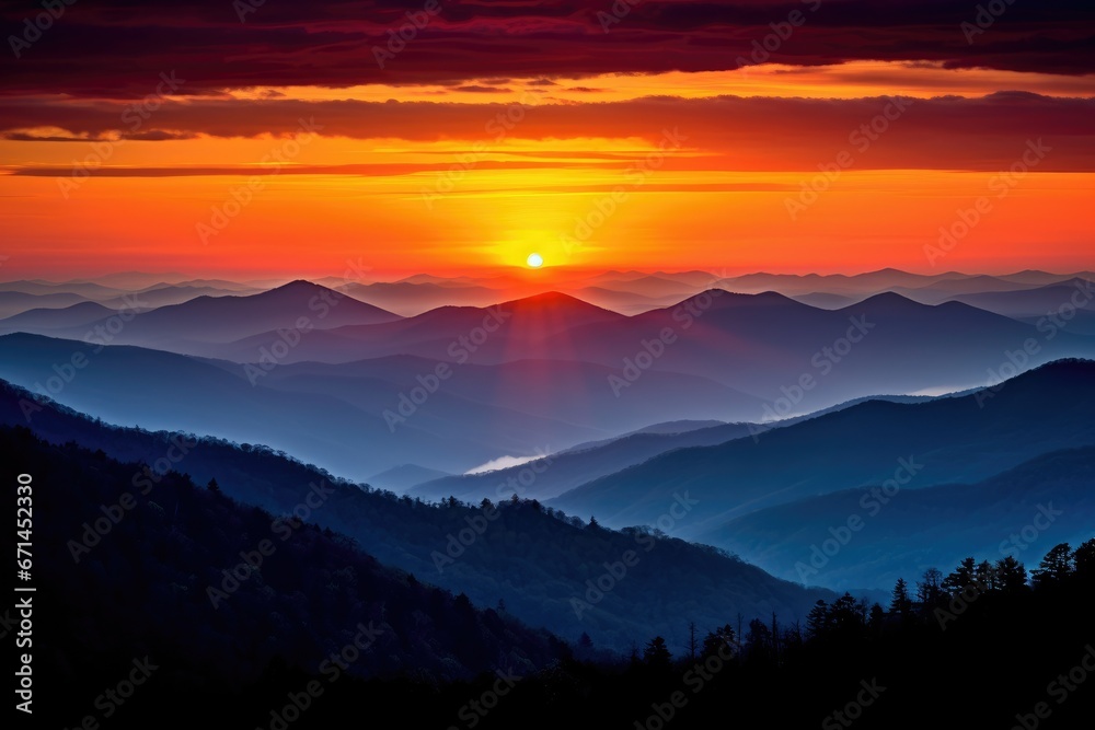 This photo depicts a majestic sunset in the mountains landscape. It captures a dramatic scene and portrays the beauty of the world.

 Generative AI
