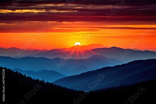 This photo depicts a majestic sunset in the mountains landscape. It captures a dramatic scene and portrays the beauty of the world.Generative AI