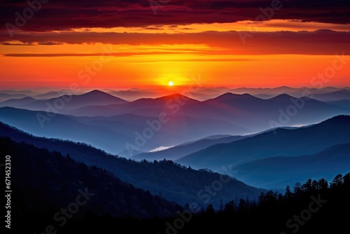 This photo depicts a majestic sunset in the mountains landscape. It captures a dramatic scene and portrays the beauty of the world.Generative AI