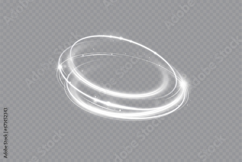 Glowing white spiral. Speed ​​abstract lines effect. Rotating shiny rings. Glowing circular lines. Glowing ring trail. Vector.	