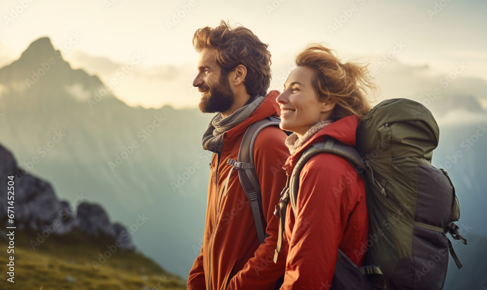 Couple hiker traveling, walking alone Italian Dolomites under sunset light. Man and Woman traveler enjoys with backpack hiking in mountains. Travel, adventure, relax, recharge concept..