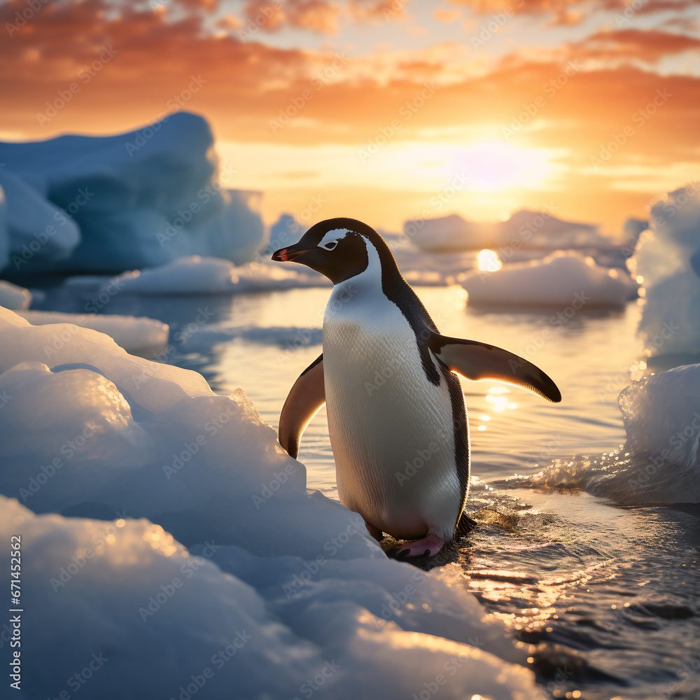 Fototapeta premium penguin in the arctic during a sunset