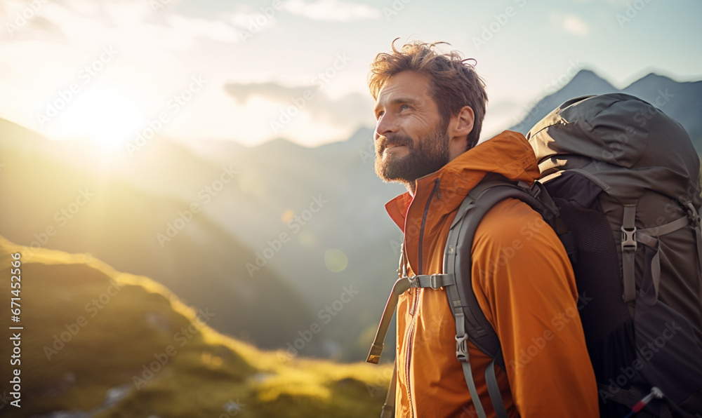Male hiker traveling, walking alone Italian Dolomites under sunset light, Man traveler enjoys with backpack hiking in mountains. Travel, adventure, relax, recharge concept. Male hiker traveling, walking alone Italian Dolomites under sunset light, Man traveler enjoys with backpack hiking in mountains. Travel, adventure, relax, recharge concept.