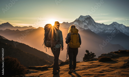 Couple hiker traveling  walking in Himalayas under sunset light.