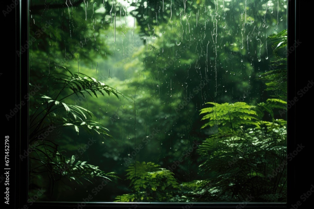 Obraz premium A captivating background image, evoking the essence of spring, with raindrops dripping on a window, leaving ephemeral marks, creating a tranquil atmosphere. Photorealistic illustration