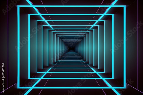 Abstract blue neon lines endless tunnel