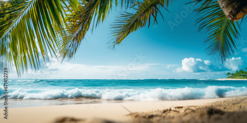 Tropical beach panorama view, coastline with palms, Caribbean sea in sunny day, summer time, Tropical seascape with Palm trees. Background of summer beach