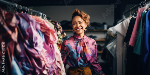 second hand fashion clothing thrift shop or store, young female women in retro vintage antique boutique photo
