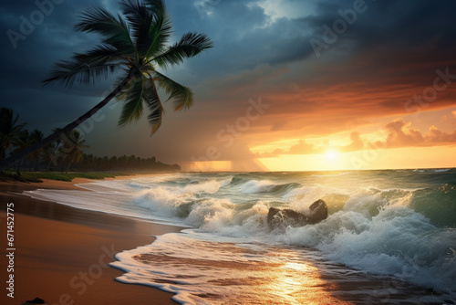 Tropical beach panorama view with foam waves before storm, sea or ocean water under sunset sky with dark blue clouds. 