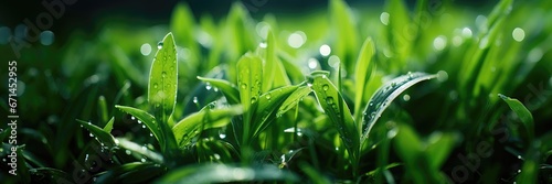 A wide-format background image for creative content, immersing you in the essence of spring with a close-up view of morning dew glistening on lush green leaves. Photorealistic illustration