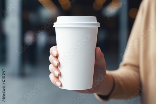 Mock up blank Coffee paper cup in woman hand.