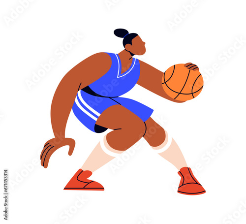 Black woman, basketball player playing sports game. Professional female athlete dribbling with ball, training. African-American girl in uniform. Flat vector illustration isolated on white background