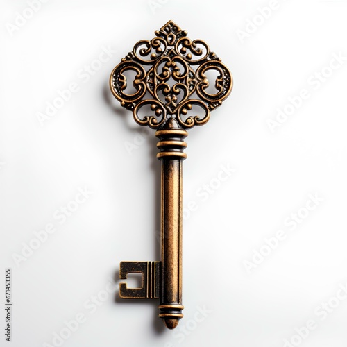 antique key isolated. Intricate key isolated on white background with shadow. Bronze key. Medieval key. Antique key