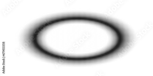 Abstract halftone oval monochrome frame with blur. Vector illustration with a dot pattern.