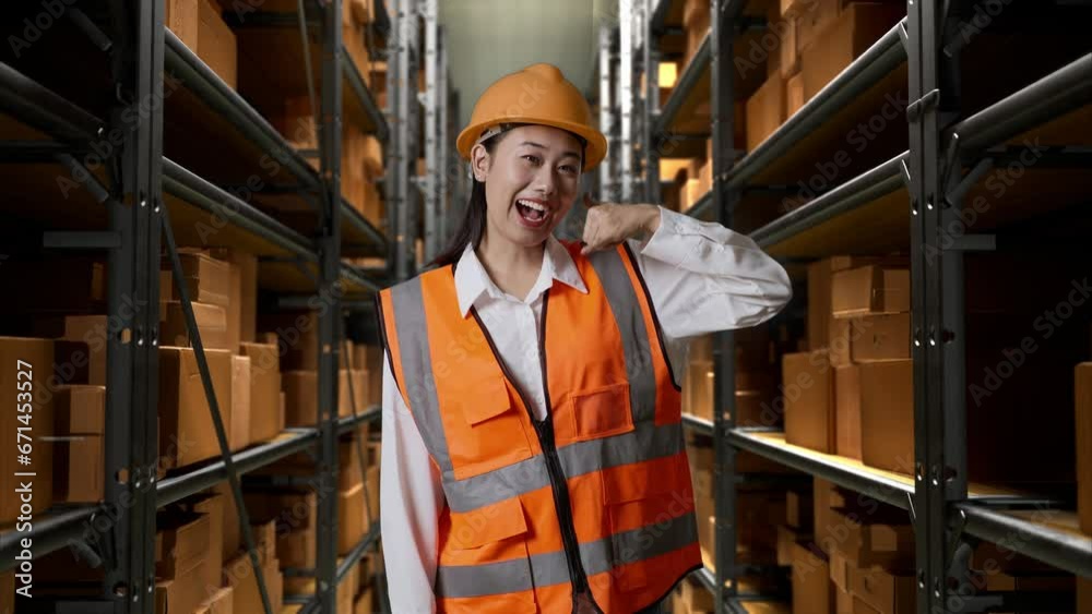 Asian Female Engineer With Safety Helmet Standing In The Warehouse With Shelves Full Of Delivery Goods. Smiling To Camera And Waving Hand Saying Good Bye In The Storage
Asian Female Engineer With Safety Helmet Standing In The Warehouse With Shelves Full Of Delivery Goods. Smiling To Camera And Waving Hand Saying Good Bye In The Storage