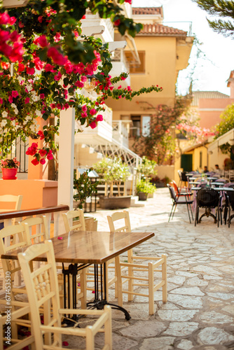 A cute street with cafes and taverns in Preveza, Greece