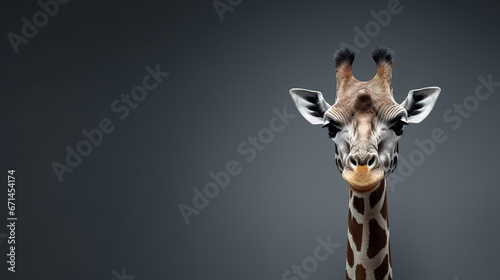 Front view of a giraffe on isolatedbackground. Wild animals banner with empty copy space