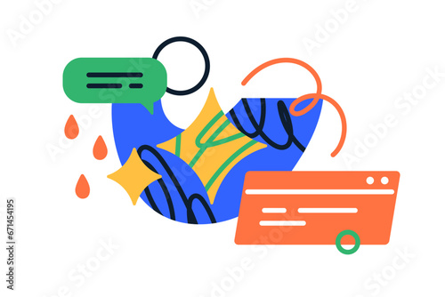 Abstract creative composition. Cute funny elements, trendy geometric shapes, modern decoration. Communication, marketing, messaging concept. Flat vector illustration isolated on white background