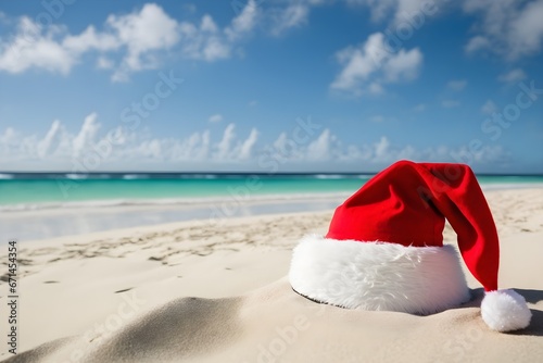 Red Santa hat on the sand of the beach
