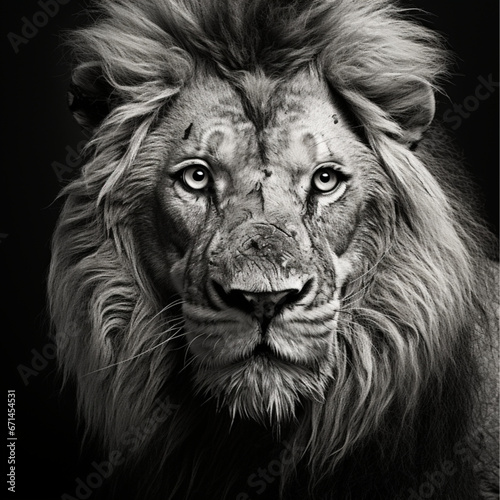 a black and white portrait of a triumphant male lion with lots of scars on his face