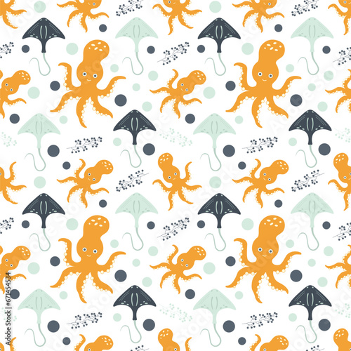 Seamless pattern with sea animals. Octopuses  stingrays in the ocean among marine plants on a white background. Vector illustration. Design for baby dough  packaging  wallpaper