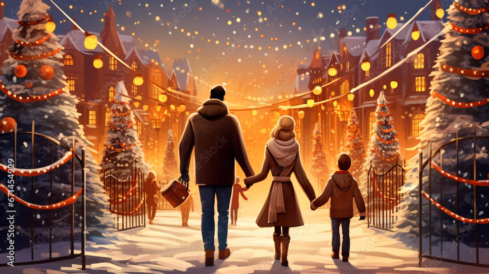 Happy family is walking down a decorated street.