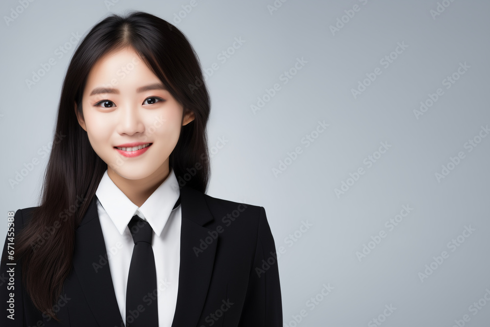 Close-up portrait of a happy Asian girl dressed as a lawyer. white background Close-up portrait of a happy Asian girl dressed as a lawyer. white background