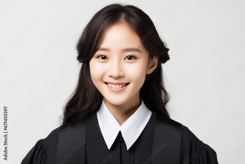Close-up portrait of a happy Asian girl dressed as a lawyer. white background Close-up portrait of a happy Asian girl dressed as a lawyer. white background