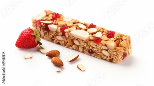 Strawberry oat and nut bar isolated on white background  photo