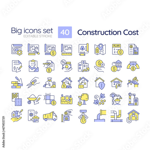 2D editable multicolor big line icons set representing construction cost, isolated vector, linear illustration.