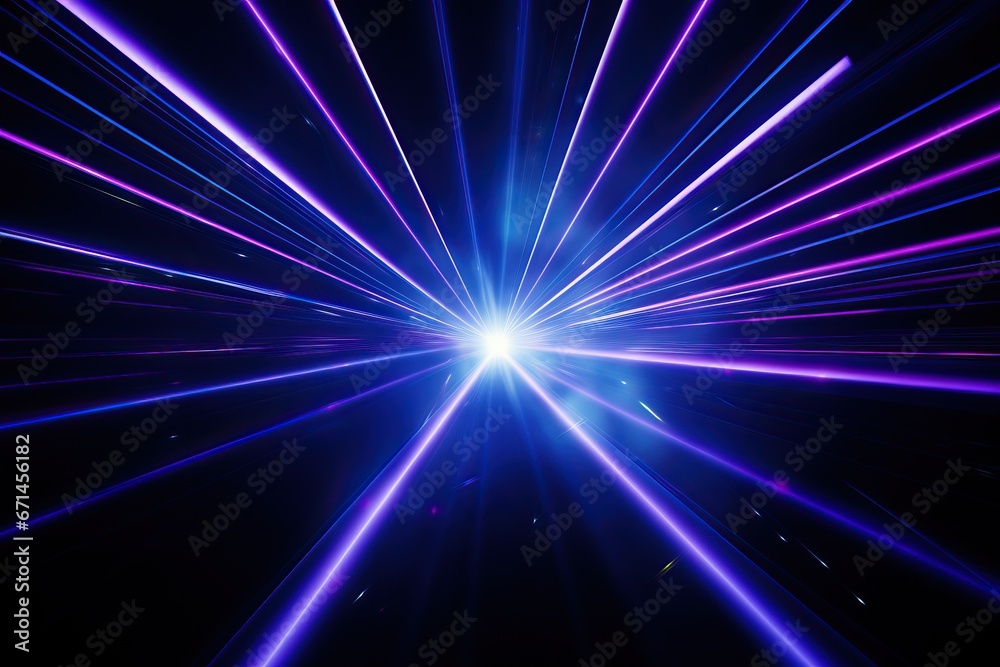 Blue and violet beams of bright laser light shining on black background Generative Ai