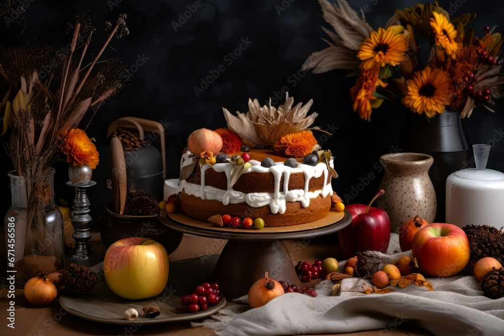 Autumn party cake. Food fruit party celebration sweet. Generate Ai