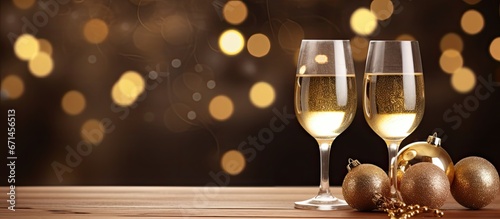 Two champagne glasses on a wooden table with Christmas decorations