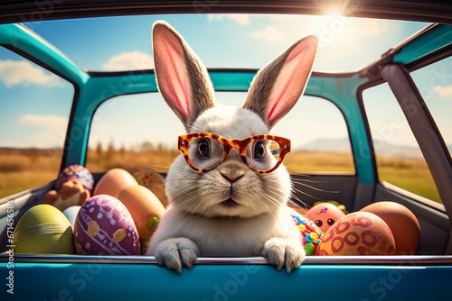 Cute Easter Bunny with sunglasses looking out of a car filed with easter eggs  Generative AI
