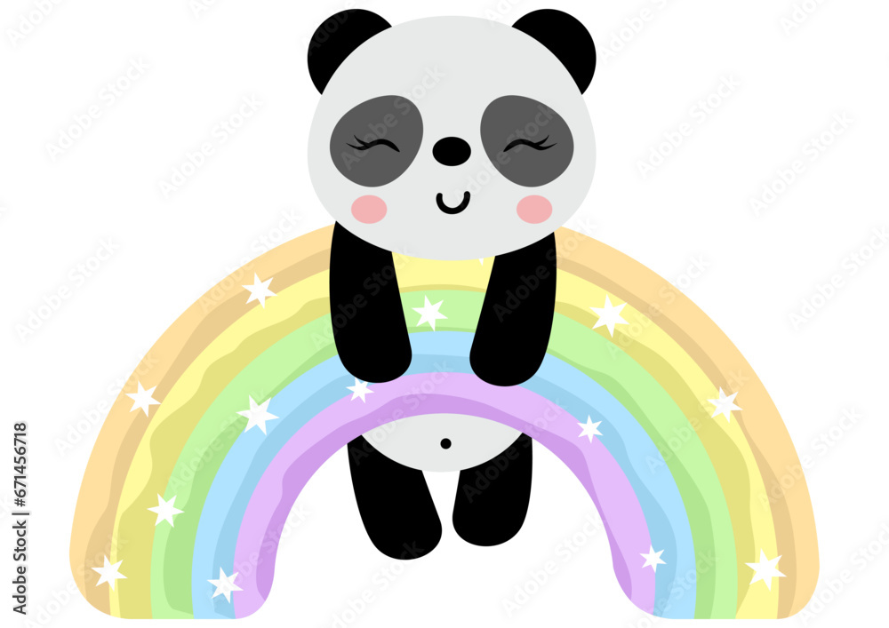 Obraz premium Cute panda hanging on magic rainbow