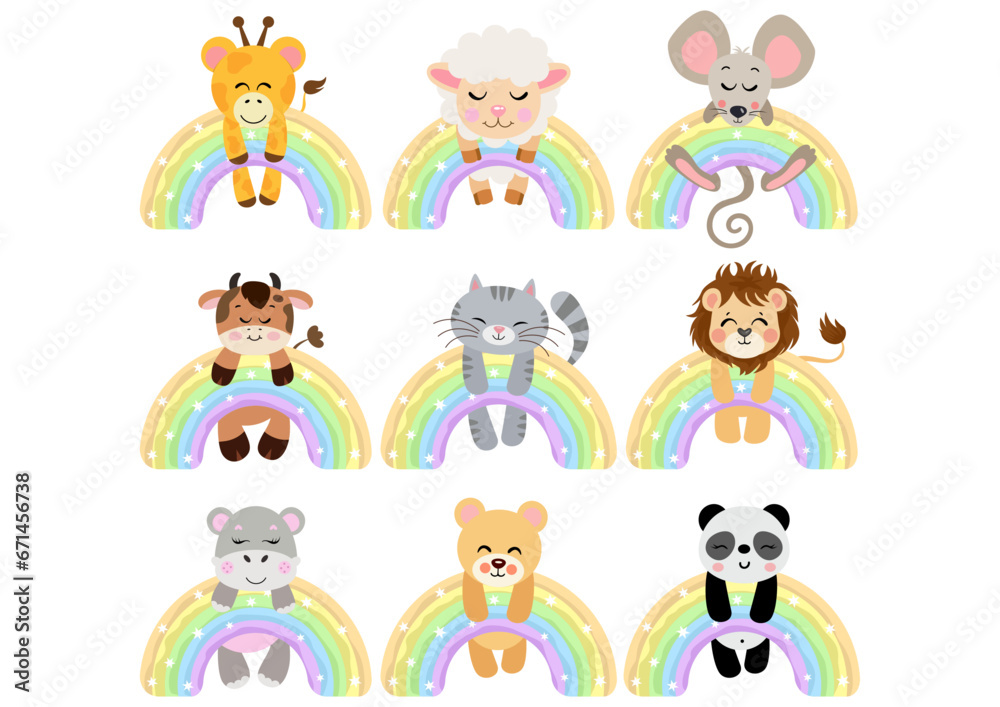 Obraz premium Set of cute animals hanging on magic rainbow