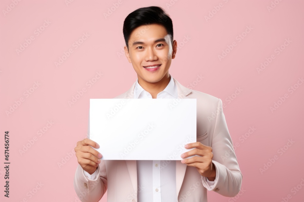 a handsome smiling man holding a blank placard sign poster paper in his hands a handsome smiling man holding a blank placard sign poster paper in his hands