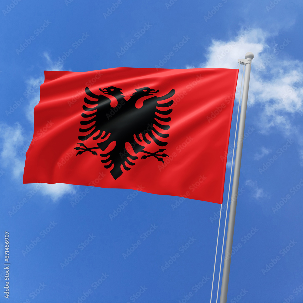 Albania flag fluttering in the wind on sky. Albania flag fluttering in the wind on sky.