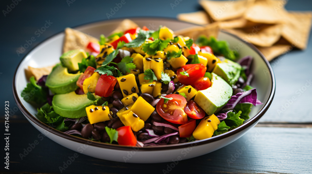 Healthy salad with avocado and mango.