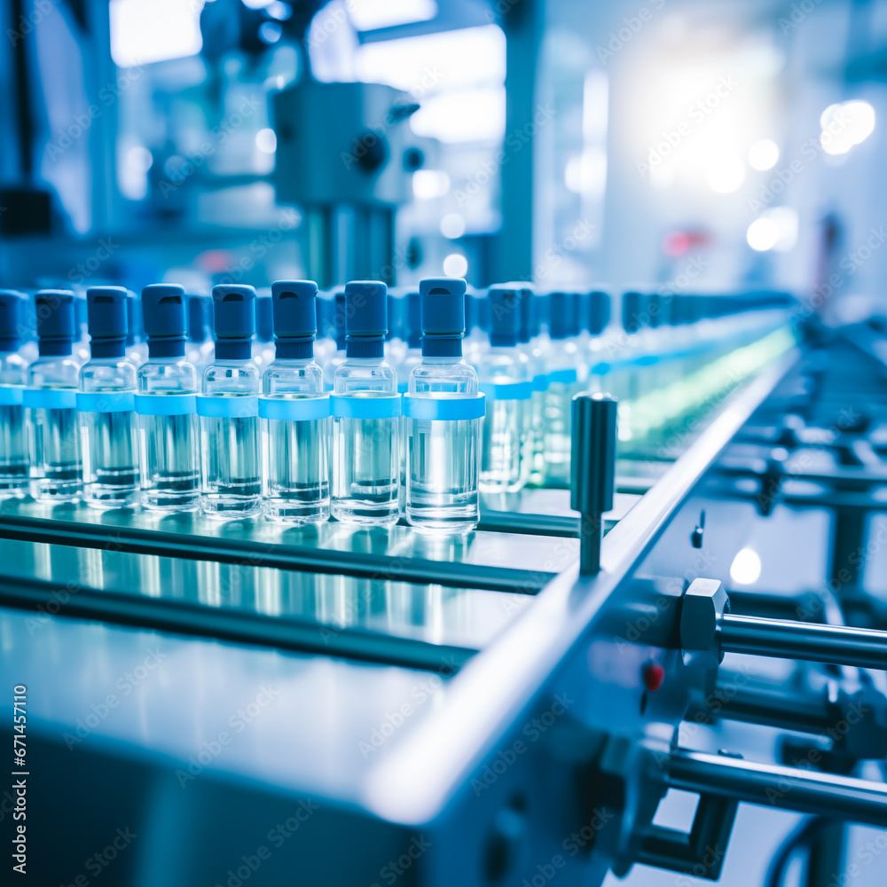 Ampoules or vials at a medical production facility producing medicine or vaccines. Shallow field of view. Ampoules or vials at a medical production facility producing medicine or vaccines. Shallow field of view.