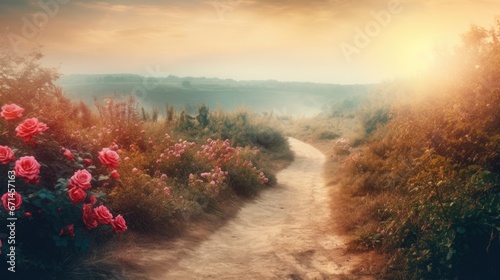 Rural landscape with a path through the field of pink roses at sunset © Supardi