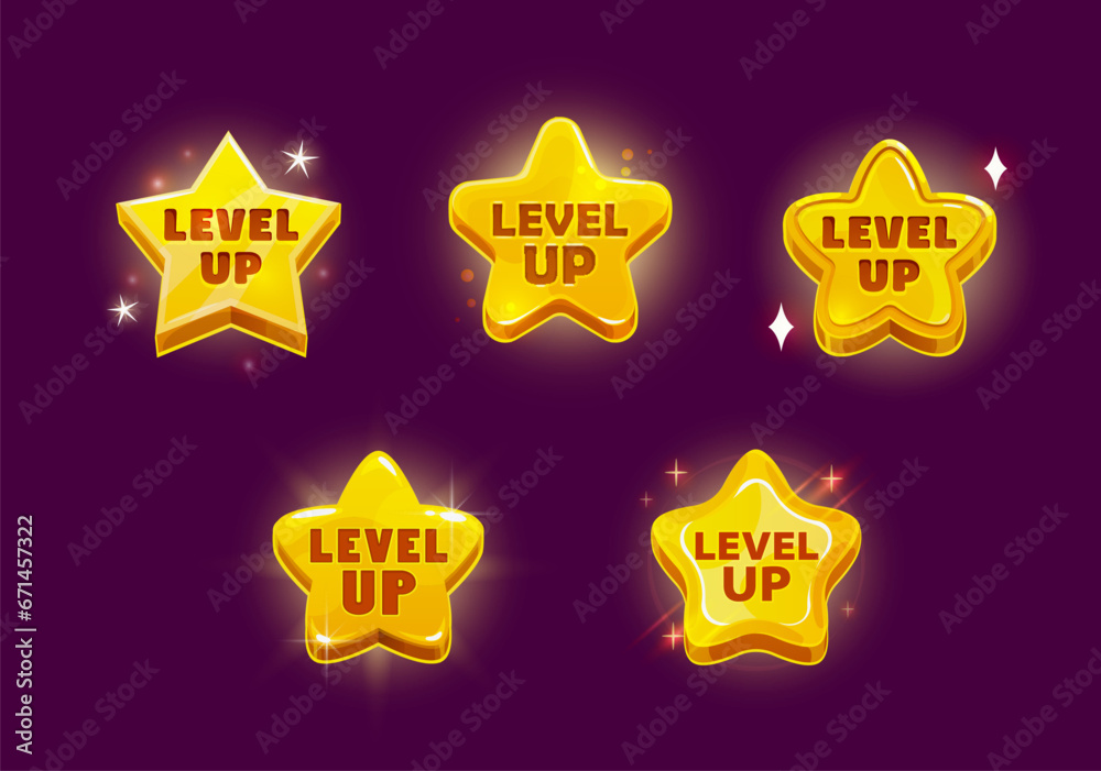 Game level up reward star rate icons. Isolated vector golden badges set, award ui medals, shiny rank achievement. Rating bonus stars, winner or champion tournament appreciation menu interface elements - obrazy, fototapety, plakaty 