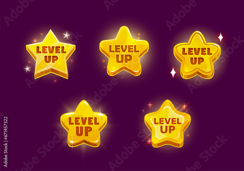 Game level up reward star rate icons. Isolated vector golden badges set, award ui medals, shiny rank achievement. Rating bonus stars, winner or champion tournament appreciation menu interface elements photo
