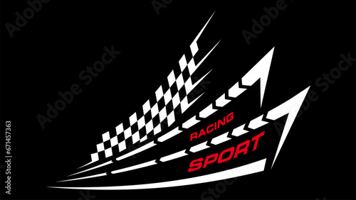 Sport car racing emblem, sticker with stripes and checkered flag. Vector motorsport and automotive motor race, drifting vehicle sticker