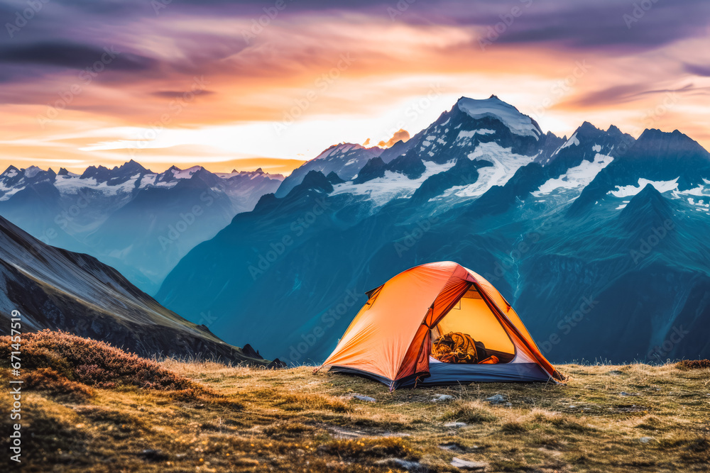 Camping tent surrounded by stunning nature in the mountains with beautiful sunset in the background, nature lover, adventure camping