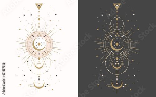 Set of esoteric mystical posters with spiritual symbols, moon, sun, stars. Templates on light and dark backgrounds. Vector