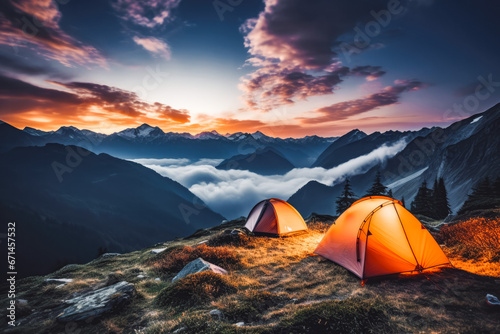 Camping tent surrounded by stunning nature in the mountains with beautiful sunset in the background  nature lover  adventure camping