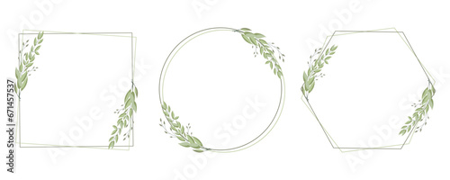 Set of geometric frames, wreaths with delicate branches of laurel leaves, eucalyptus leaves. Templates for cards and invitations in boho style. Vector