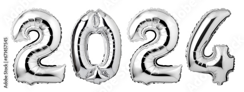 Numbers 2024 made of silver balloons isolated on white background. New year concept photo